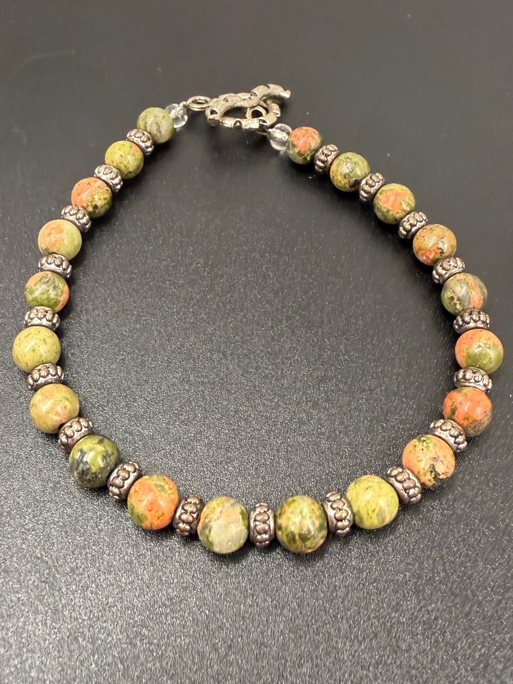 Green and Orange Beaded Bracelet with Silver Accents - Women Jewelry